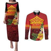 Hawaii Ku Kia'i Mauna Personalized Couples Matching Puletasi and Long Sleeve Button Shirt Hibiscus Kakau Pattern LT9 Red - Polynesian Pride
