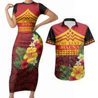 Hawaii Ku Kia'i Mauna Personalized Couples Matching Short Sleeve Bodycon Dress and Hawaiian Shirt Hibiscus Kakau Pattern LT9 Red - Polynesian Pride