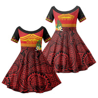 Hawaii Ku Kia'i Mauna Personalized Family Matching Off Shoulder Short Dress and Hawaiian Shirt Hibiscus Kakau Pattern LT9 Daughter's Dress Red - Polynesian Pride