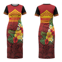 Hawaii Ku Kia'i Mauna Personalized Family Matching Short Sleeve Bodycon Dress and Hawaiian Shirt Hibiscus Kakau Pattern LT9 Mom's Dress Red - Polynesian Pride