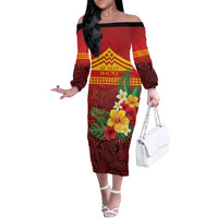 Hawaii Ku Kia'i Mauna Personalized Off The Shoulder Long Sleeve Dress Hibiscus Kakau Pattern LT9 Women Red - Polynesian Pride