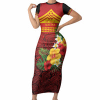 Hawaii Ku Kia'i Mauna Personalized Short Sleeve Bodycon Dress Hibiscus Kakau Pattern LT9 Long Dress Red - Polynesian Pride