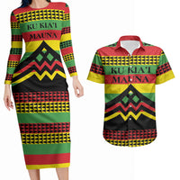 Hawaii Ku Kia'i Mauna Personalized Couples Matching Long Sleeve Bodycon Dress and Hawaiian Shirt Hawaiian Kanaka Maoli Motif LT9 Green - Polynesian Pride