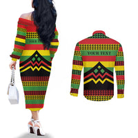 Hawaii Ku Kia'i Mauna Personalized Couples Matching Off The Shoulder Long Sleeve Dress and Long Sleeve Button Shirt Hawaiian Kanaka Maoli Motif