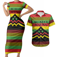 Hawaii Ku Kia'i Mauna Personalized Couples Matching Short Sleeve Bodycon Dress and Hawaiian Shirt Hawaiian Kanaka Maoli Motif LT9 Green - Polynesian Pride