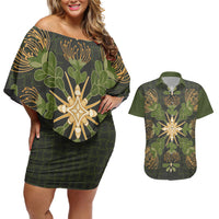 Hawaii Ohia Lehua Squares Couples Matching Off Shoulder Short Dress and Hawaiian Shirt Hawaiian Quilt Inspired Floral Pattern