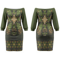 Hawaii Ohia Lehua Squares Couples Matching Off The Shoulder Long Sleeve Dress and Long Sleeve Button Shirt Hawaiian Quilt Inspired Floral Pattern LT9