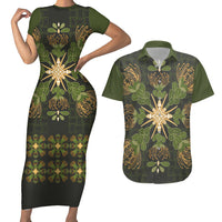 Hawaii Ohia Lehua Squares Couples Matching Short Sleeve Bodycon Dress and Hawaiian Shirt Hawaiian Quilt Inspired Floral Pattern LT9 Green - Polynesian Pride