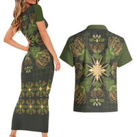 Hawaii Ohia Lehua Squares Couples Matching Short Sleeve Bodycon Dress and Hawaiian Shirt Hawaiian Quilt Inspired Floral Pattern LT9 - Polynesian Pride