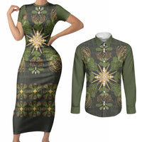Hawaii Ohia Lehua Squares Couples Matching Short Sleeve Bodycon Dress and Long Sleeve Button Shirt Hawaiian Quilt Inspired Floral Pattern LT9 Green - Polynesian Pride