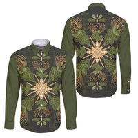 Hawaii Ohia Lehua Squares Family Matching Puletasi and Hawaiian Shirt Hawaiian Quilt Inspired Floral Pattern LT9 Dad's Shirt - Long Sleeve Green - Polynesian Pride