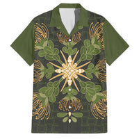 Hawaii Ohia Lehua Squares Family Matching Tank Maxi Dress and Hawaiian Shirt Hawaiian Quilt Inspired Floral Pattern LT9 Dad's Shirt - Short Sleeve Green - Polynesian Pride