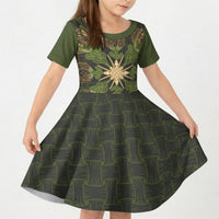 Hawaii Ohia Lehua Squares Kid Short Sleeve Dress Hawaiian Quilt Inspired Floral Pattern LT9 KID Green - Polynesian Pride