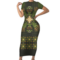 Hawaii Ohia Lehua Squares Short Sleeve Bodycon Dress Hawaiian Quilt Inspired Floral Pattern LT9 Long Dress Green - Polynesian Pride