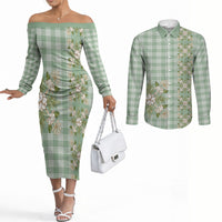 Liko Kukui Hawai'i Palaka Squares Maile Leaf Couples Matching Off The Shoulder Long Sleeve Dress and Long Sleeve Button Shirt Flowers Hawaiian Quilt Patterns LT9 Sage Green - Polynesian Pride