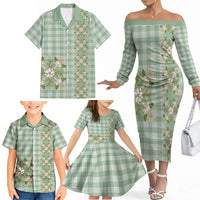 Liko Kukui Hawai'i Palaka Squares Maile Leaf Family Matching Off The Shoulder Long Sleeve Dress and Hawaiian Shirt Flowers Hawaiian Quilt Patterns LT9 - Polynesian Pride