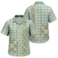 Liko Kukui Hawai'i Palaka Squares Maile Leaf Family Matching Off The Shoulder Long Sleeve Dress and Hawaiian Shirt Flowers Hawaiian Quilt Patterns LT9 Son's Shirt Sage Green - Polynesian Pride