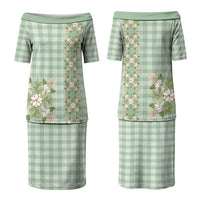 Liko Kukui Hawai'i Palaka Squares Maile Leaf Family Matching Puletasi and Hawaiian Shirt Flowers Hawaiian Quilt Patterns LT9 Mom's Dress Sage Green - Polynesian Pride