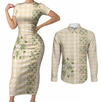Melemele Ahiahia Hawai'i Palaka Squares Maile Leaf Couples Matching Short Sleeve Bodycon Dress and Long Sleeve Button Shirt Flowers Hawaiian Quilt Patterns