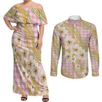 Akala Hamele Palaka Plumeria Couples Matching Off Shoulder Maxi Dress and Long Sleeve Button Shirt Puakenikeni and Maile Lei