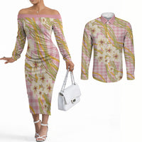 Akala Hamele Palaka Plumeria Couples Matching Off The Shoulder Long Sleeve Dress and Long Sleeve Button Shirt Puakenikeni and Maile Lei LT9 Dusty Rose - Polynesian Pride