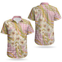 Akala Hamele Palaka Plumeria Couples Matching Short Sleeve Bodycon Dress and Hawaiian Shirt Puakenikeni and Maile Lei