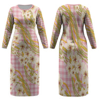 Akala Hamele Palaka Plumeria Family Matching Long Sleeve Bodycon Dress and Hawaiian Shirt Puakenikeni and Maile Lei LT9 Mom's Dress Dusty Rose - Polynesian Pride