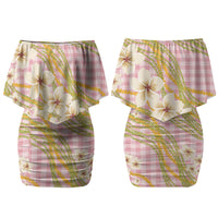 Akala Hamele Palaka Plumeria Family Matching Off Shoulder Short Dress and Hawaiian Shirt Puakenikeni and Maile Lei LT9 Mom's Dress Dusty Rose - Polynesian Pride