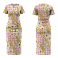 Akala Hamele Palaka Plumeria Family Matching Short Sleeve Bodycon Dress and Hawaiian Shirt Puakenikeni and Maile Lei