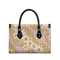 Akala Hamele Palaka Plumeria Leather Bag Puakenikeni and Maile Lei