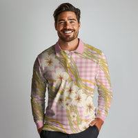Akala Hamele Palaka Plumeria Long Sleeve Polo Shirt Puakenikeni and Maile Lei LT9 - Polynesian Pride