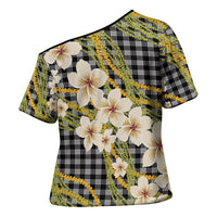 Ele'ele Hawai'i Palaka Plumeria Cross Shoulder Shirt Puakenikeni and Maile Lei