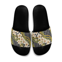 Ele'ele Hawai'i Palaka Plumeria Slide Sandals Puakenikeni and Maile Lei