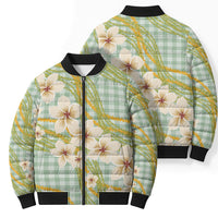 Liko Kukui Hawai'i Palaka Plumeria Bomber Puffer Jacket Puakenikeni and Maile Lei