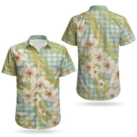 Liko Kukui Hawai'i Palaka Plumeria Couples Matching Off Shoulder Short Dress and Hawaiian Shirt Puakenikeni and Maile Lei