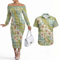 Liko Kukui Hawai'i Palaka Plumeria Couples Matching Off The Shoulder Long Sleeve Dress and Hawaiian Shirt Puakenikeni and Maile Lei