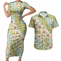 Liko Kukui Hawai'i Palaka Plumeria Couples Matching Short Sleeve Bodycon Dress and Hawaiian Shirt Puakenikeni and Maile Lei LT9 Sage Green - Polynesian Pride