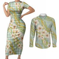 Liko Kukui Hawai'i Palaka Plumeria Couples Matching Short Sleeve Bodycon Dress and Long Sleeve Button Shirt Puakenikeni and Maile Lei