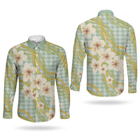 Liko Kukui Hawai'i Palaka Plumeria Couples Matching Short Sleeve Bodycon Dress and Long Sleeve Button Shirt Puakenikeni and Maile Lei