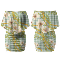 Liko Kukui Hawai'i Palaka Plumeria Family Matching Off Shoulder Short Dress and Hawaiian Shirt Puakenikeni and Maile Lei LT9 Mom's Dress Sage Green - Polynesian Pride
