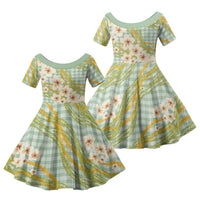 Liko Kukui Hawai'i Palaka Plumeria Family Matching Off Shoulder Short Dress and Hawaiian Shirt Puakenikeni and Maile Lei LT9 Daughter's Dress Sage Green - Polynesian Pride