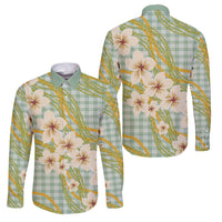 Liko Kukui Hawai'i Palaka Plumeria Family Matching Short Sleeve Bodycon Dress and Hawaiian Shirt Puakenikeni and Maile Lei LT9 Dad's Shirt - Long Sleeve Sage Green - Polynesian Pride