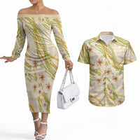 Melemele Ahiahia Hawai'i Palaka Plumeria Couples Matching Off The Shoulder Long Sleeve Dress and Hawaiian Shirt Puakenikeni and Maile Lei LT9 Pastel Yellow - Polynesian Pride