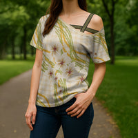Melemele Ahiahia Hawai'i Palaka Plumeria Cross Shoulder Shirt Puakenikeni and Maile Lei