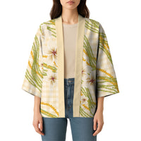 Melemele Ahiahia Hawai'i Palaka Plumeria Kimono Puakenikeni and Maile Lei