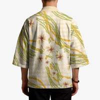 Melemele Ahiahia Hawai'i Palaka Plumeria Kimono Puakenikeni and Maile Lei