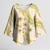 Melemele Ahiahia Hawai'i Palaka Plumeria Kimono Sleeve Blouse Puakenikeni and Maile Lei