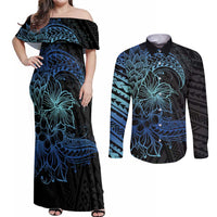 Floral Polynesian Hibiscus Tattoo Couples Matching Off Shoulder Maxi Dress and Long Sleeve Button Shirt Blue Gradient Style LT9 Blue - Polynesian Pride