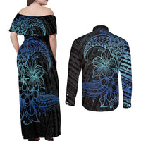 Floral Polynesian Hibiscus Tattoo Couples Matching Off Shoulder Maxi Dress and Long Sleeve Button Shirt Blue Gradient Style LT9 - Polynesian Pride