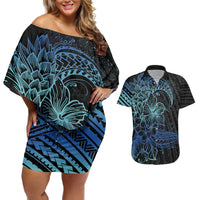 Floral Polynesian Hibiscus Tattoo Couples Matching Off Shoulder Short Dress and Hawaiian Shirt Blue Gradient Style LT9 Blue - Polynesian Pride